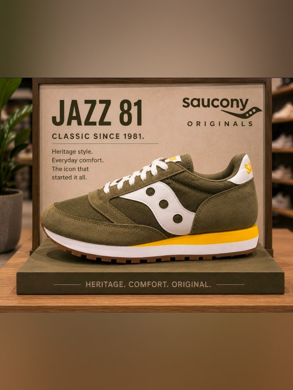 Saucony Originals Men’s Jazz 81 – Olive/White/Yellow – Size 11 – New in Box